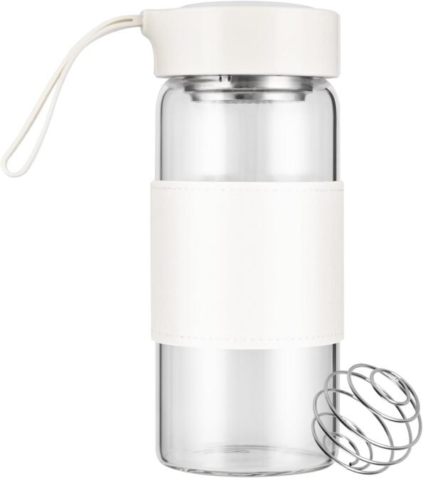 Small Glass Shaker Bottle,16oz BPA Free Odorless Shaker Bottle with 304SS Mixing Ball and Removable Cleaning Brush for Fitness & Protein Shakes(White-1Pack)