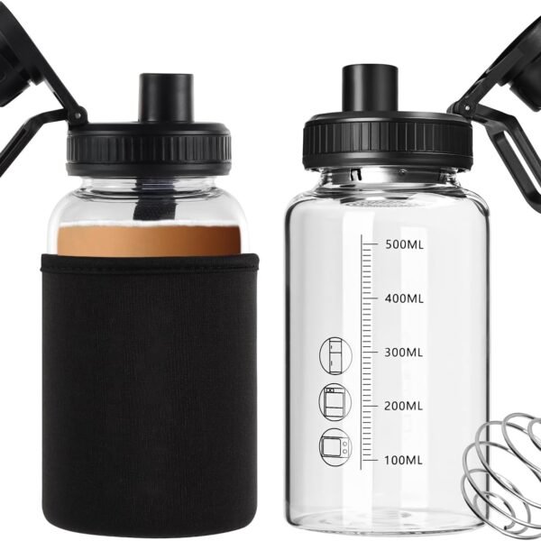 Glass Shaker Bottle, 2 Pack 22oz BPA-Free Odorless Shaker Bottle with 304 Stainless Steel Ball and Removable Cleaning Brush for  Protein Mixes