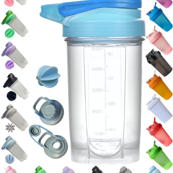 A Stylish Blue Shaker Bottle w. Clear Cup BPA Free,Made of PP5,Measurement Marks of 16 OZ/500 ML & 1.57" Plastic Whisk Ball,Anti-Leaking Twist Cap Fixed w. Slim Arm & Large Moden Loop,Easy to Clean